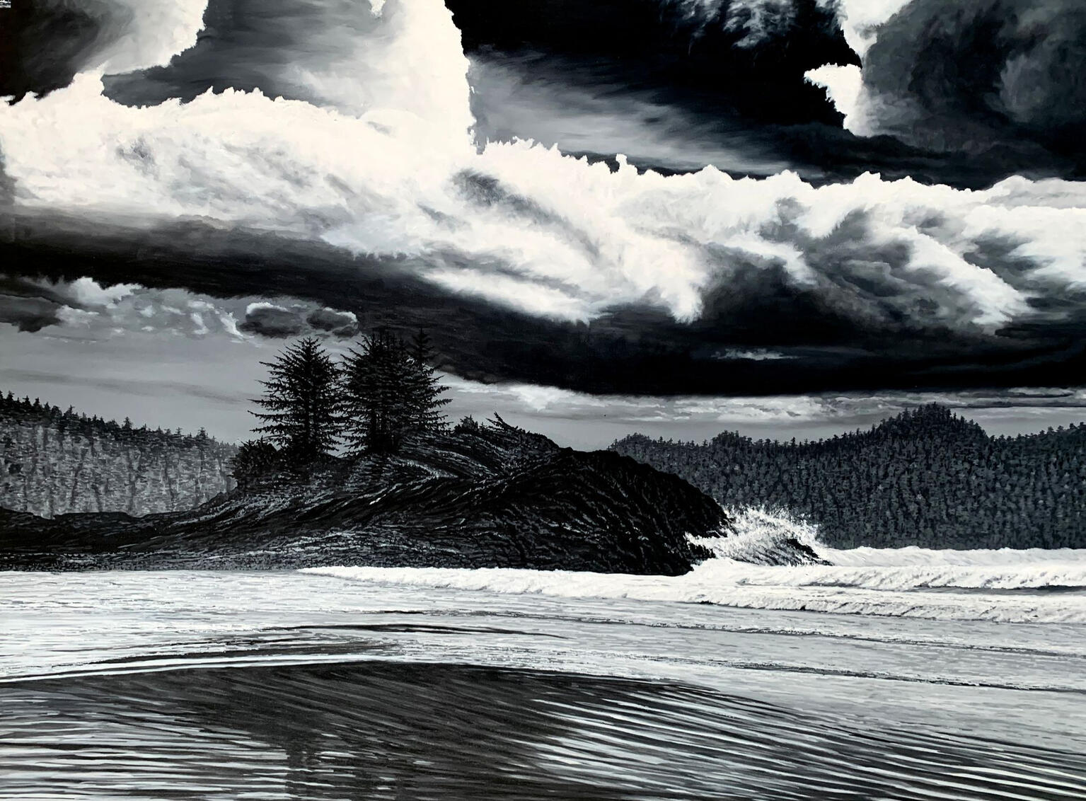 South Chesterman Beach Monochrome (2022) - Oil on Canvas 36"x48"x1.5" - Exclusively at TGCA